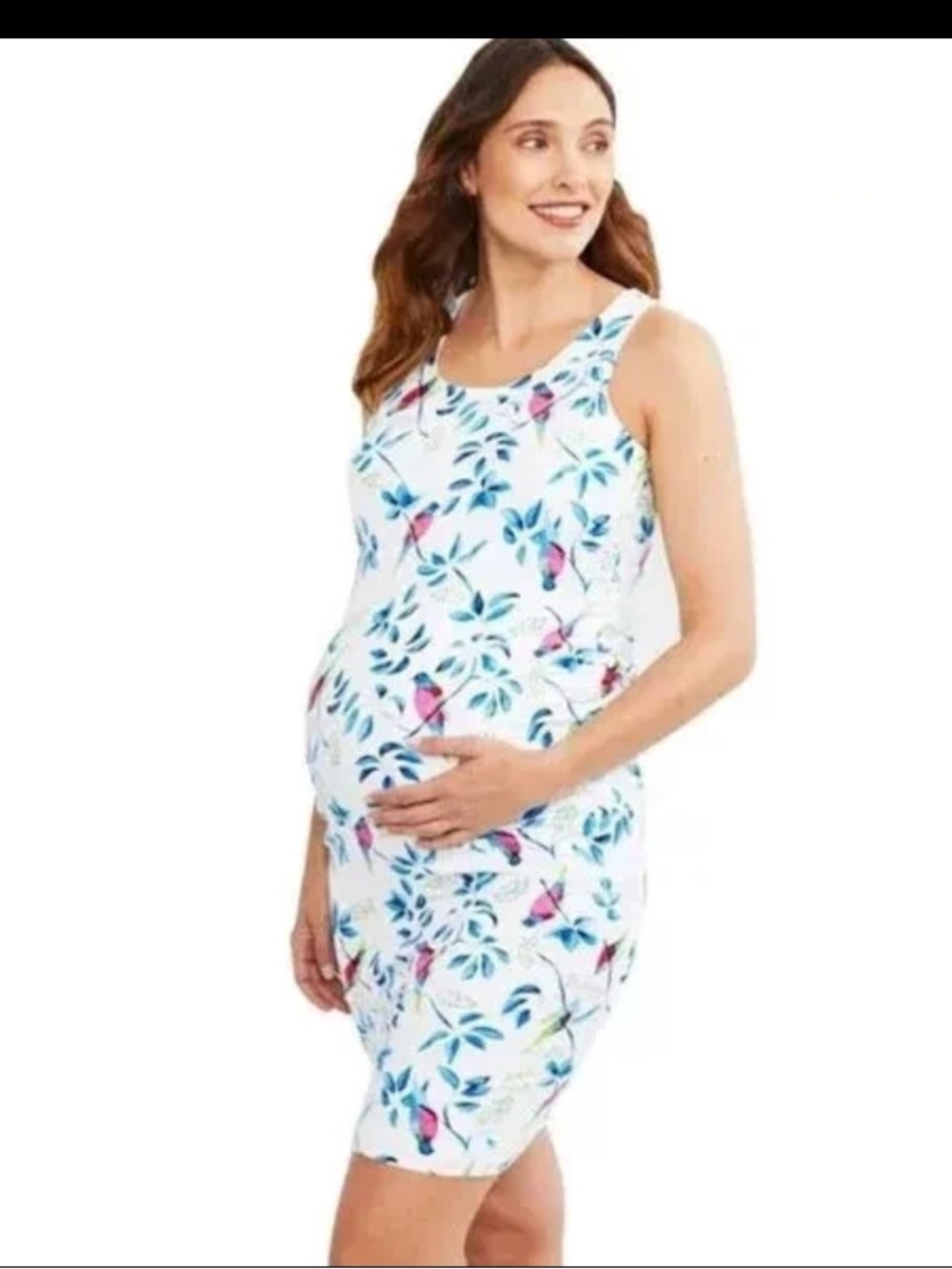 Motherhood Floral Bird Dress sleeveless S Bodycon Ruched Sundress